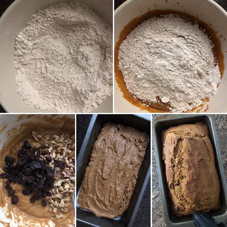 Step by step photos showing the mixing of dry ingredients into wet ingredients and baked into bread