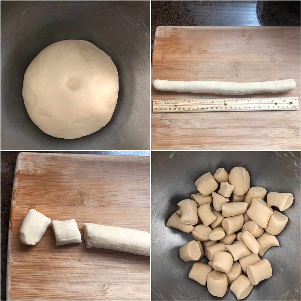 Dough rolled out into a 12" log and cut into 1" pieces