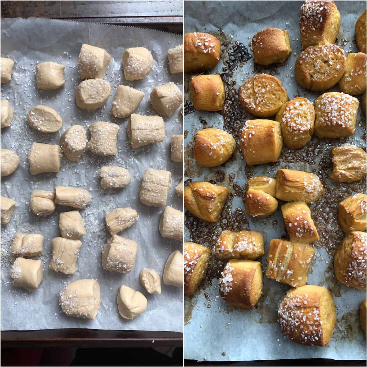 Pretzel bites sprinkled with sparking sugar and baked until golden brown