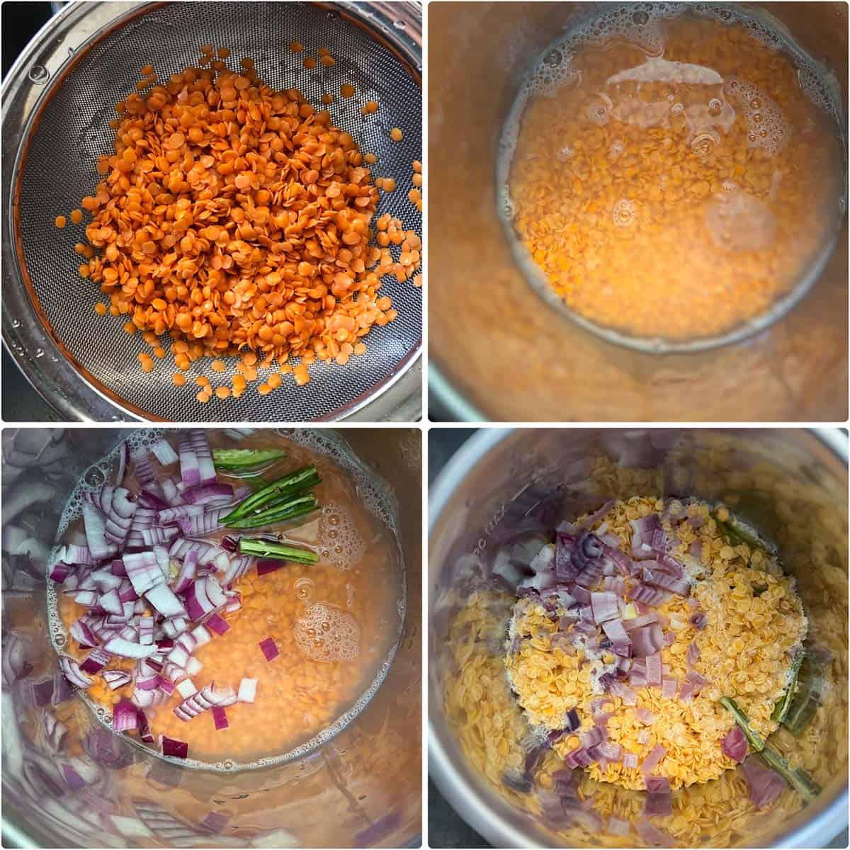 4 panel photo showing the addition of ingredients to instant pot.