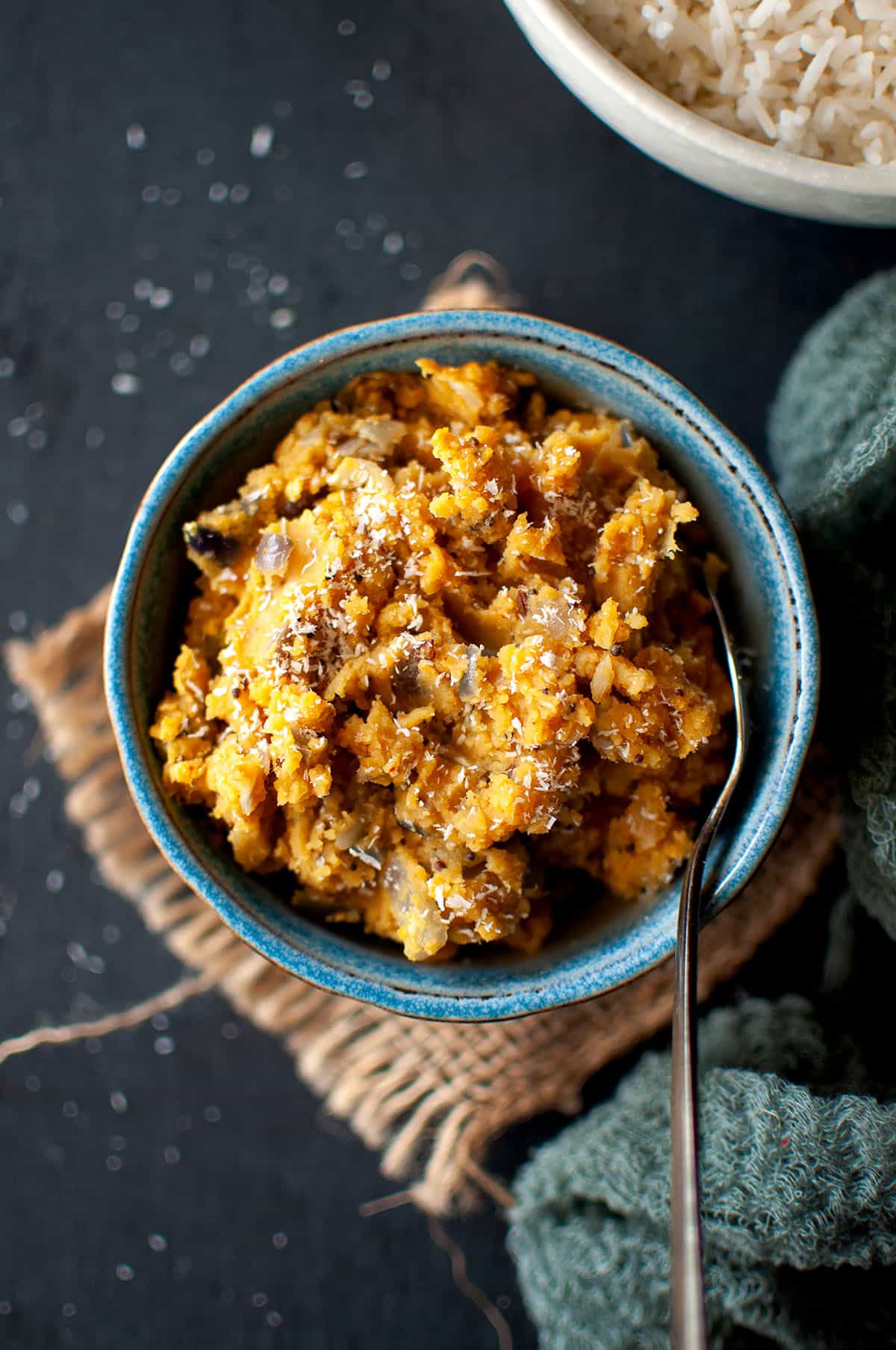 Blue bowl with Sri Lankan dhal mallum.