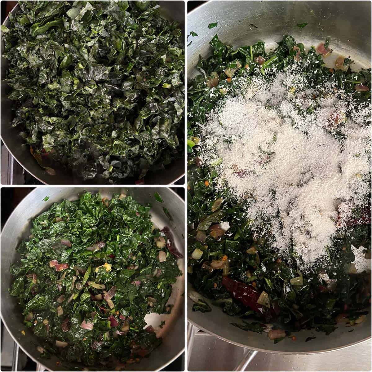 3 panel photo showing the cooking of greens with coconut in a pan.