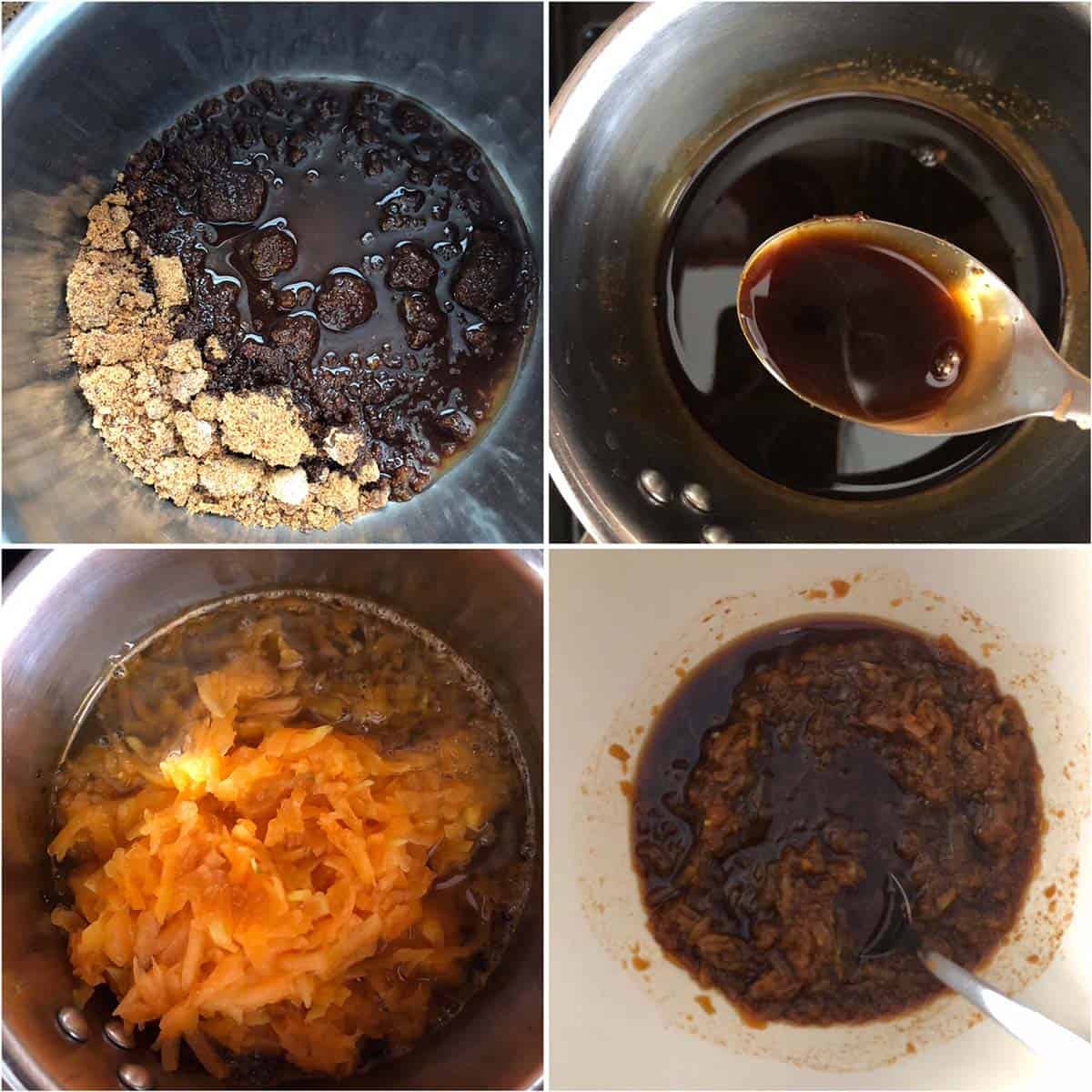 Melting jaggery and adding grated jaggery to steel pan