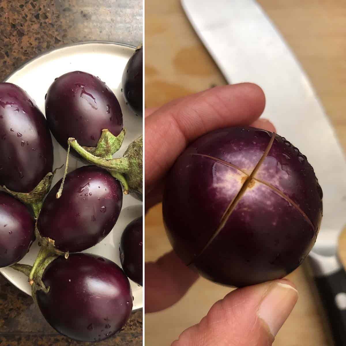 2 panel photo showing the cutting of baby brinjal.