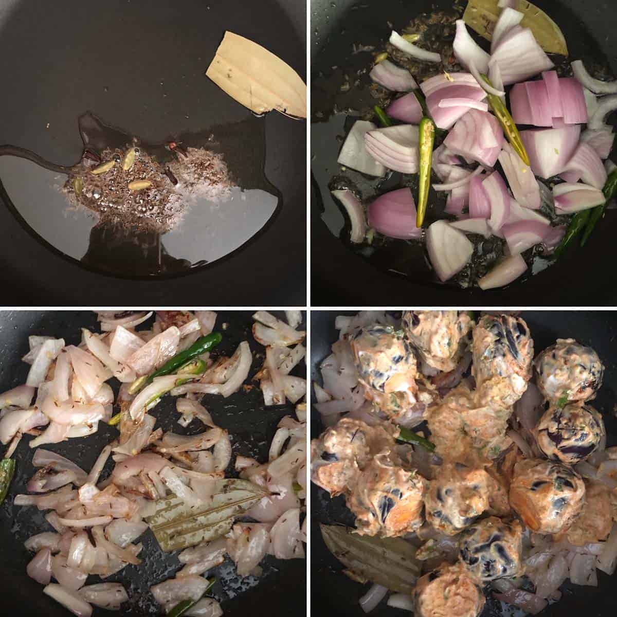 4 panel photos showing the sautéing of onions and brinjal.