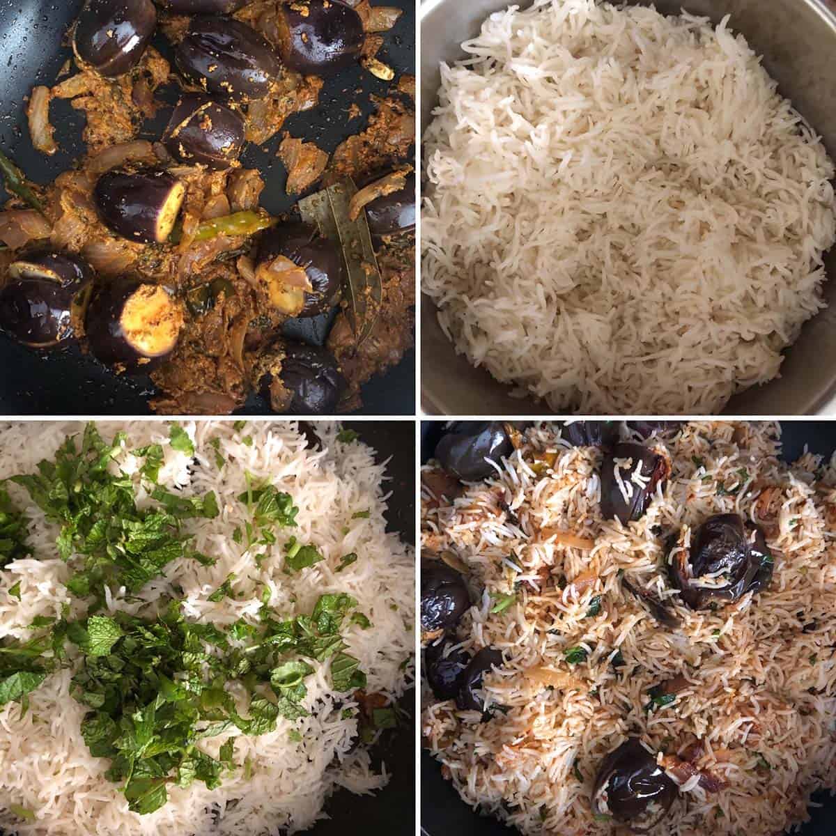 4 panel photos showing the layering of rice and veggies.