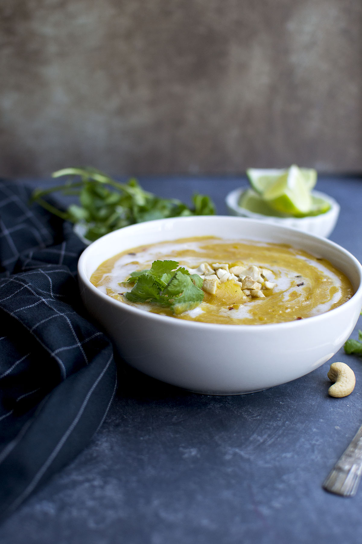 White bowl with mulligatawny soup