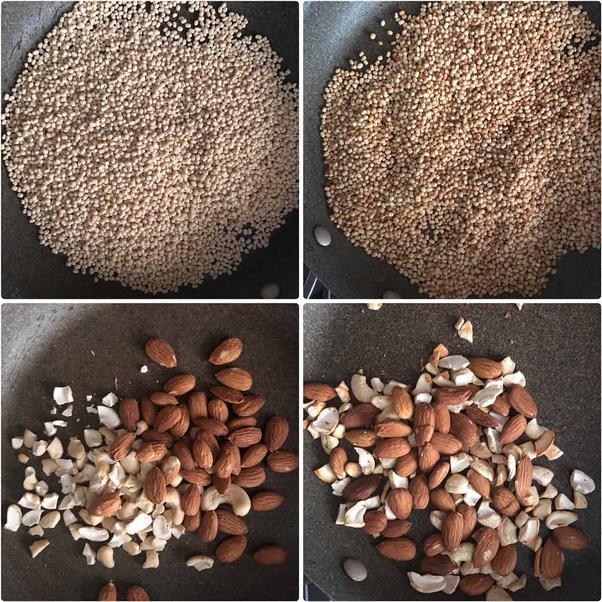 step by step photos showing the roasting of lentils and nuts