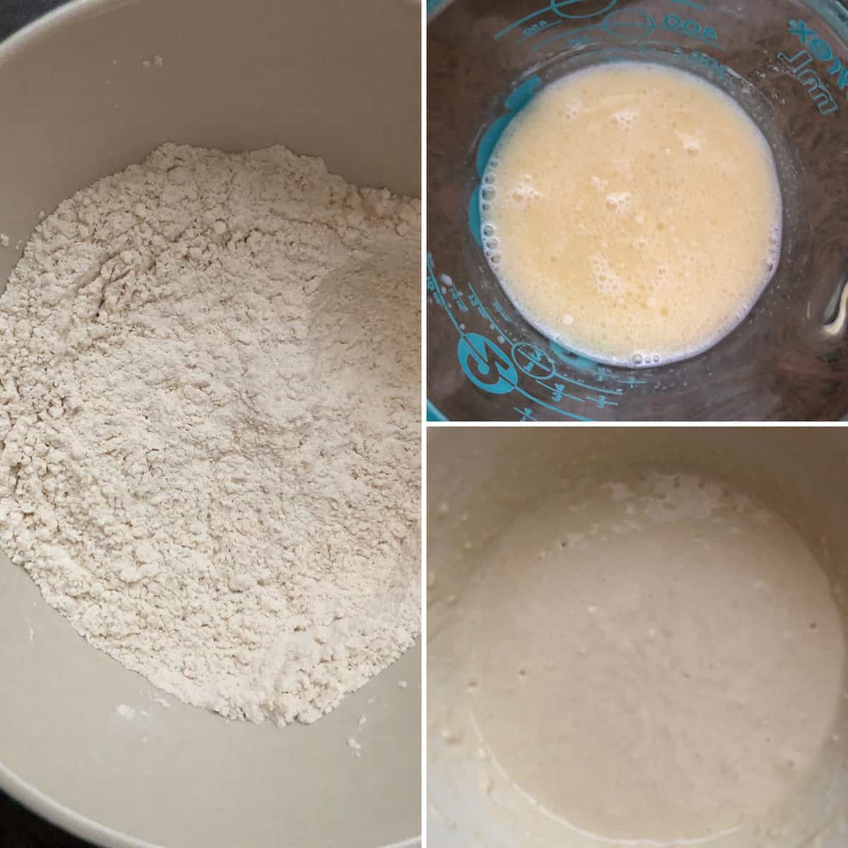 Dry ingredients in a bowl, wet ingredients in a measuring cup, both combined in a bowl