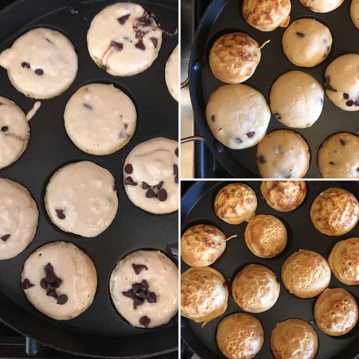 Danish pancakes being cooked in a aebleskiver pan until golden