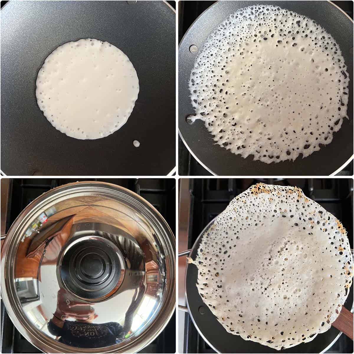 4 photo panel showing the making of appam in an nonstick pan.