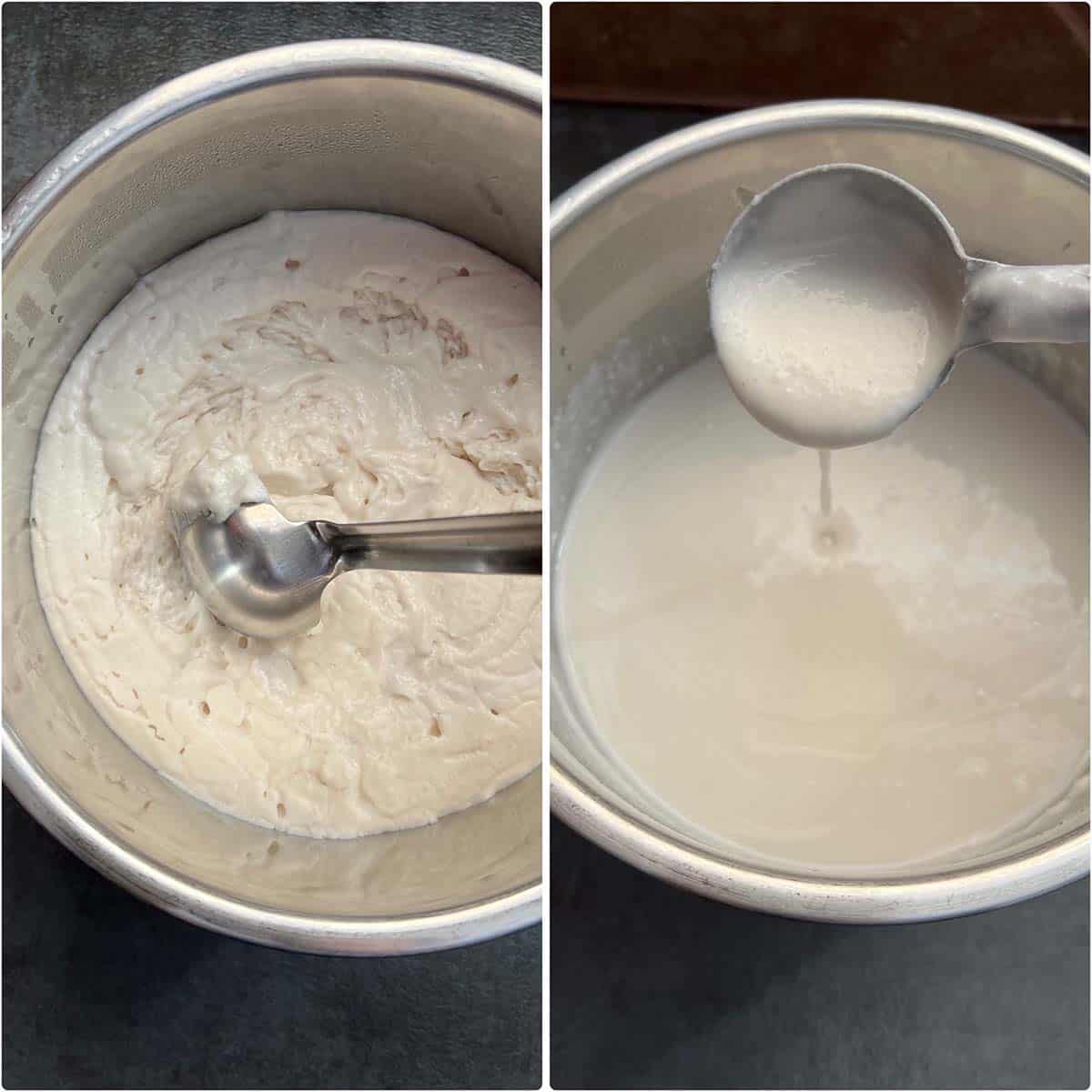2 panel photo showing the risen batter and mixed with water.