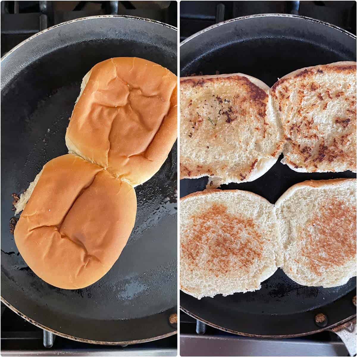 2 panel photo showing the toasting of pav on griddle.