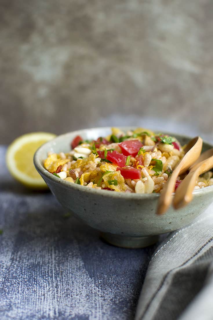 Grey bowl with crispy Andhra pidatha kinda pappu