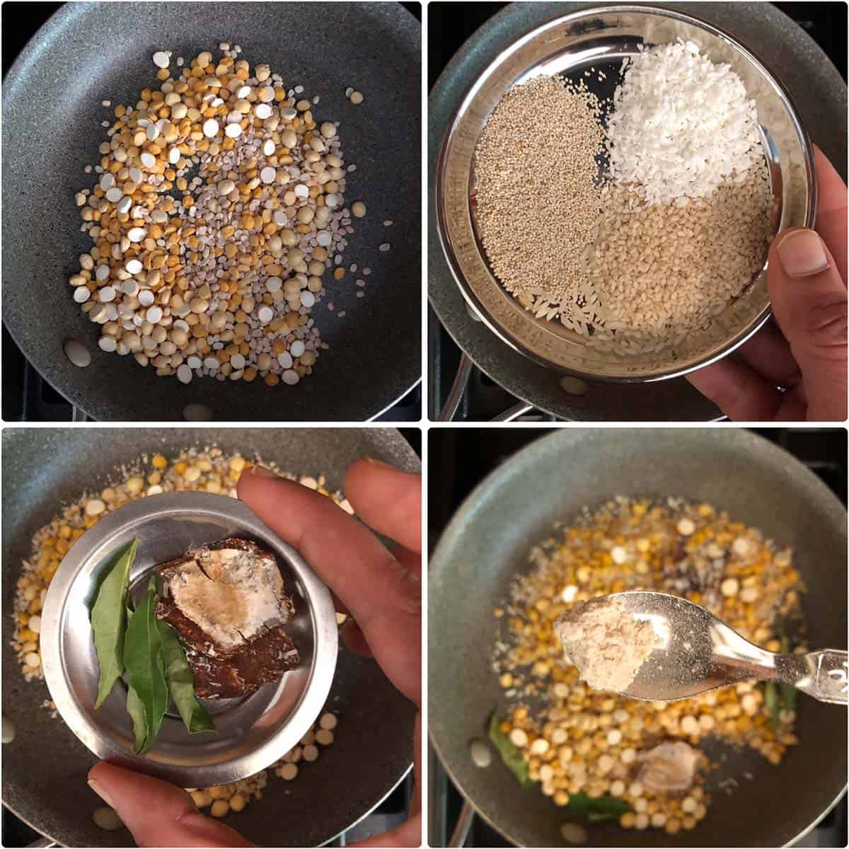 4 panel photo showing the sautéing of lentils and spices.