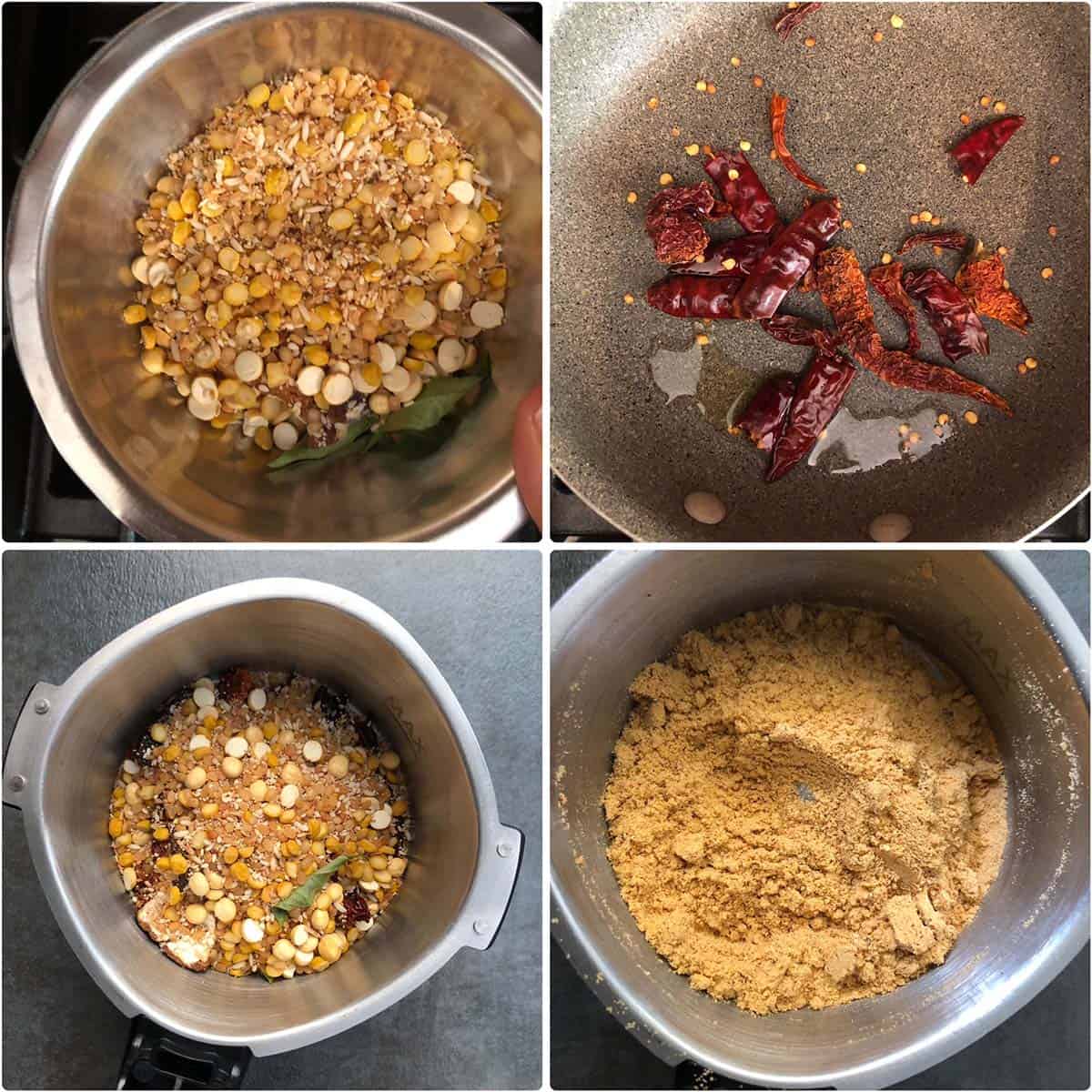 4 panel photo showing the sautéing of dry chilies and grinding into a spice powder.