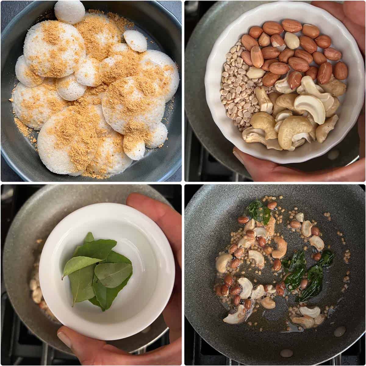 4 panel photo showing the mixing of all ingredients.