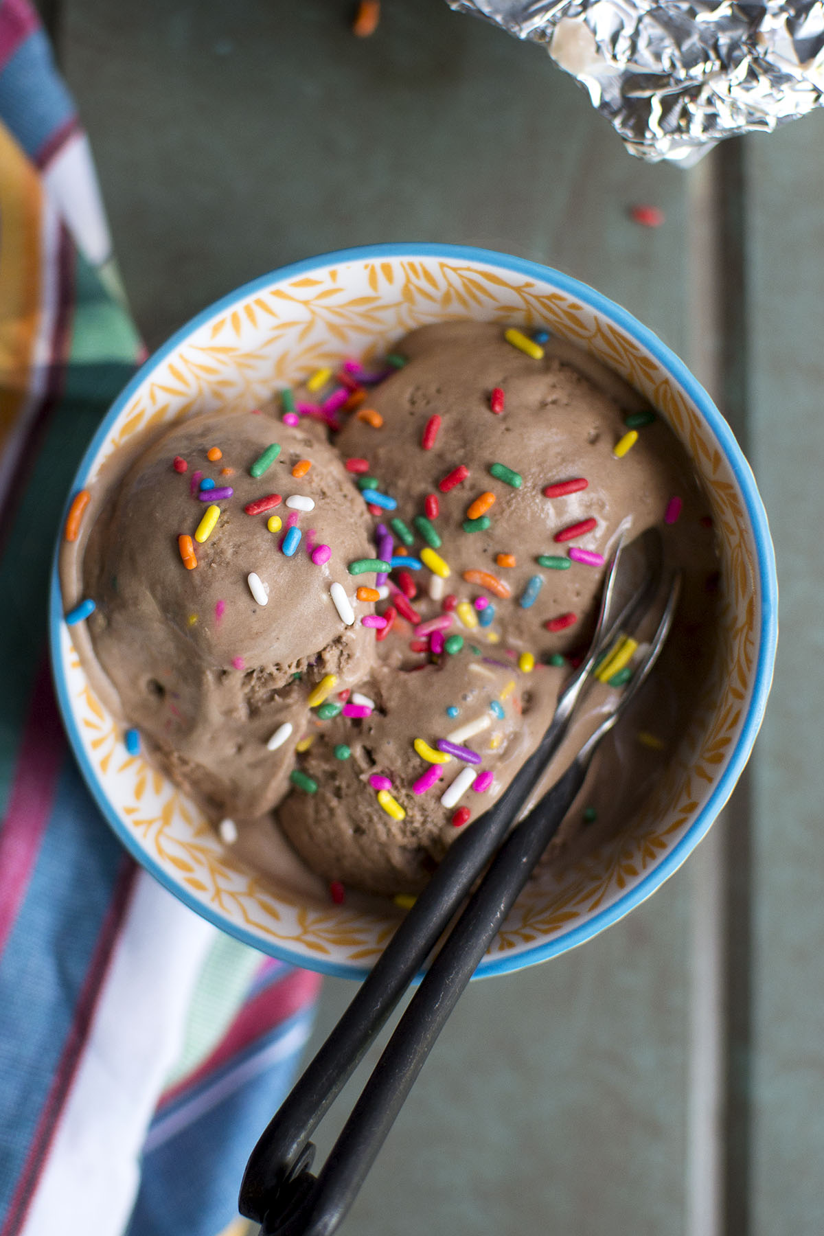 White bowl with chocolate ice cream