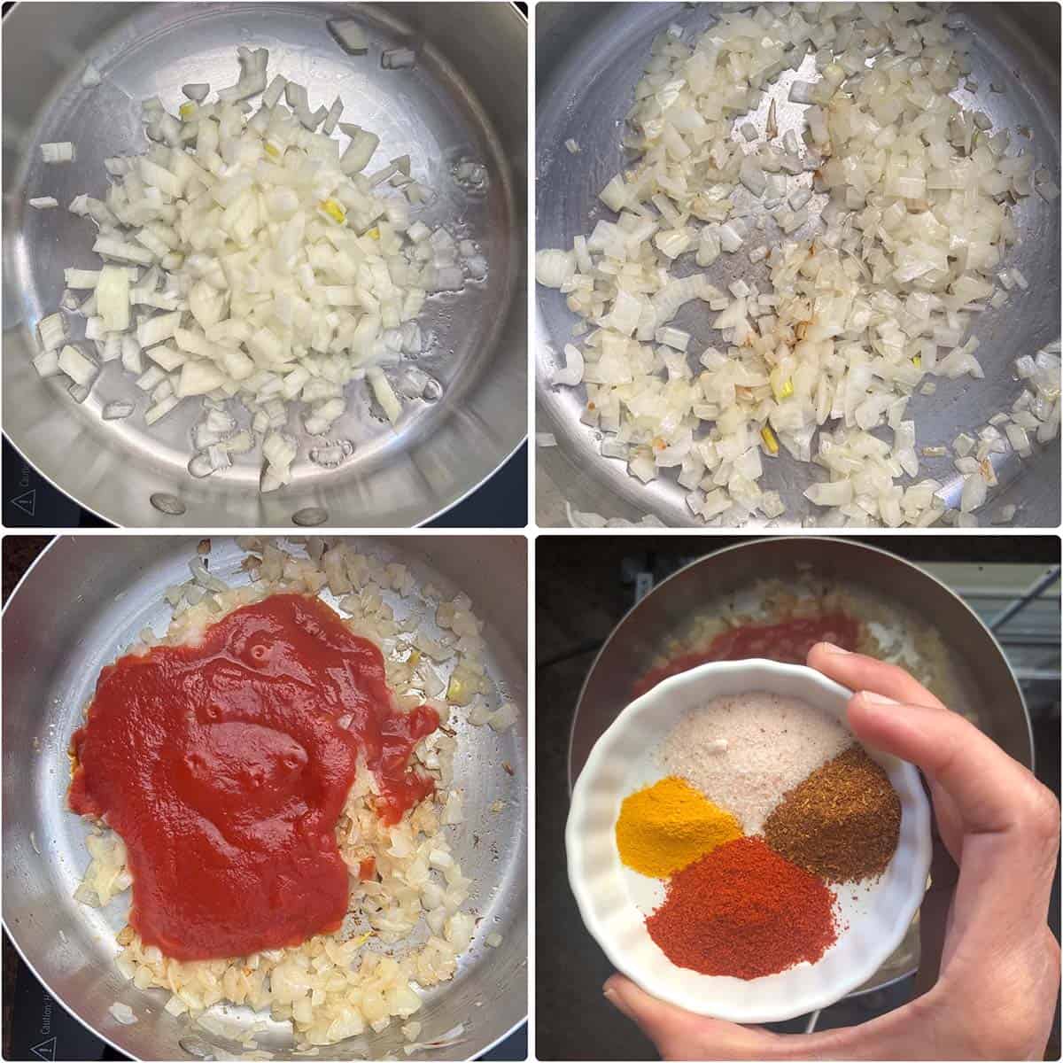 4 panel photo showing the sautéing of onions, tomato puree and spices in a pan.