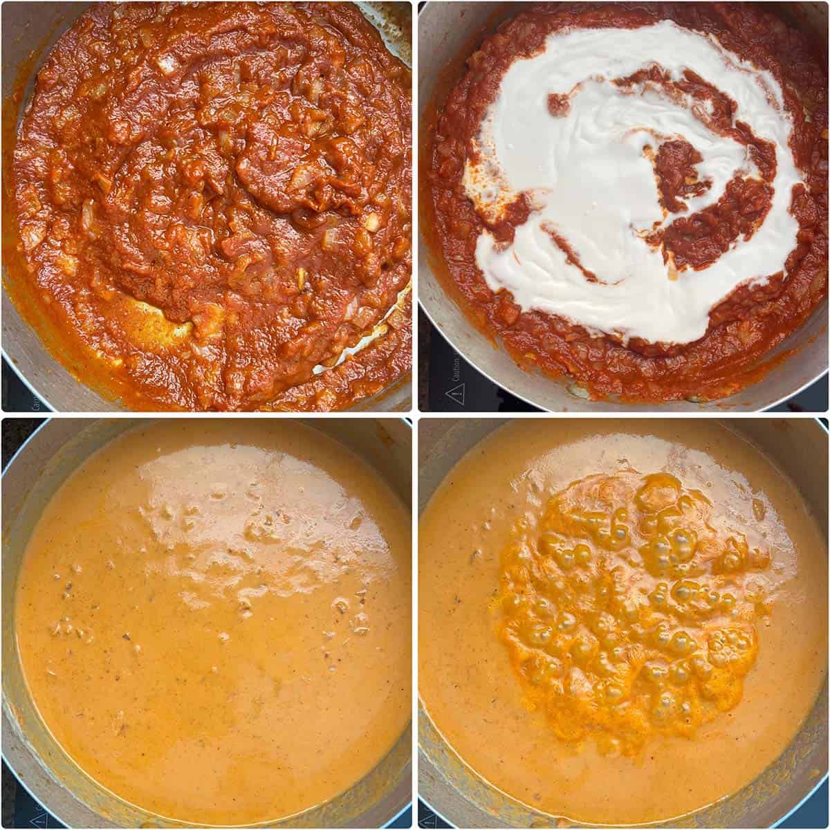 4 panel photo showing the simmering of tomato sauce with coconut milk.