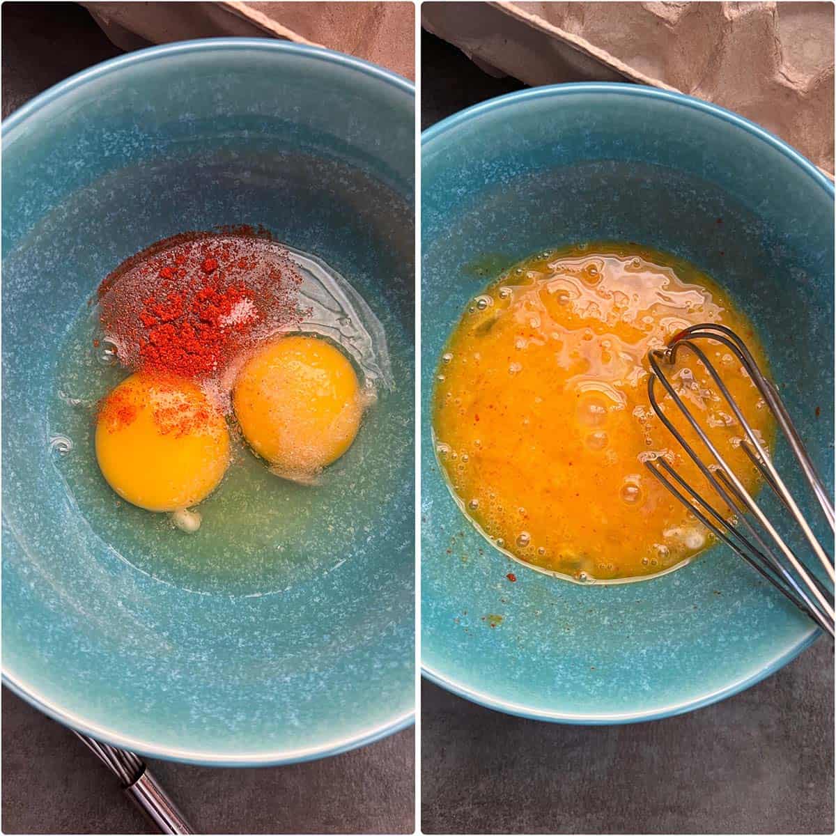 2 panel photo showing the whisking of eggs with spices.