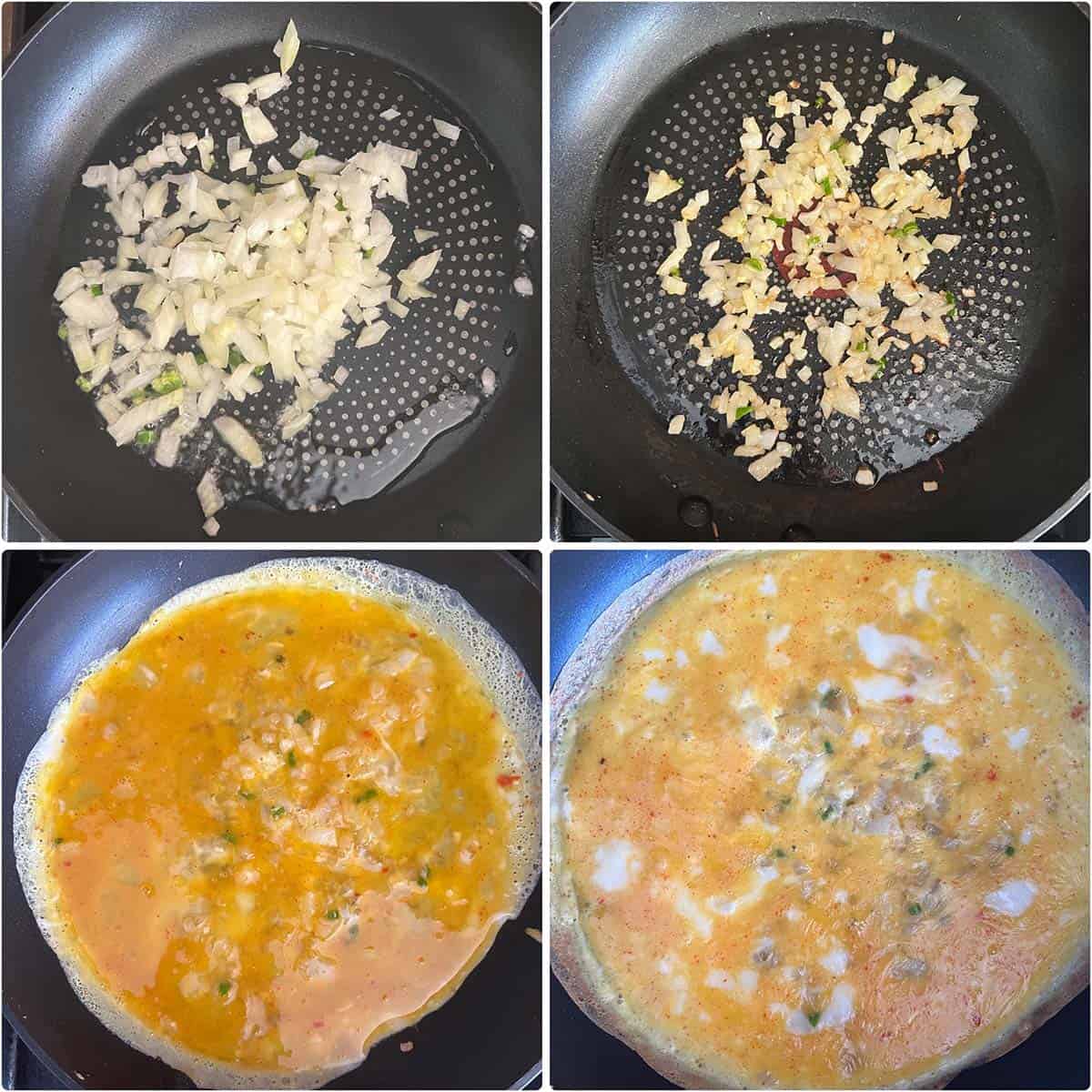 4 panel photo showing the making of omelette.