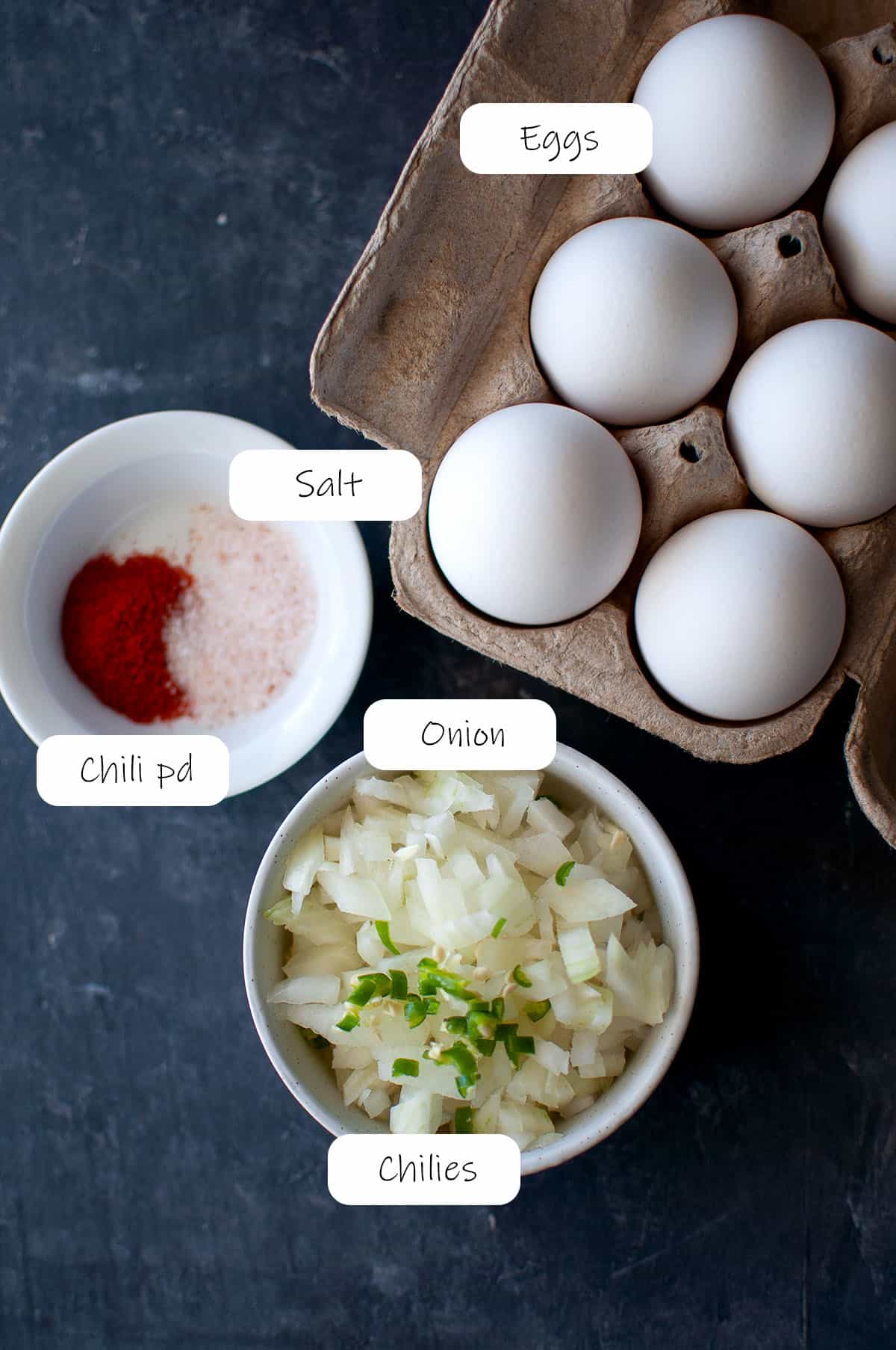 Ingredients to make omelette - details in recipe card.