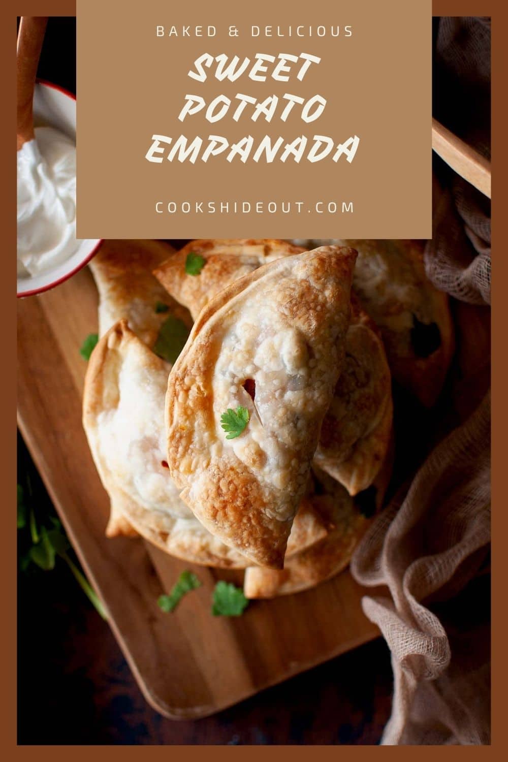 Chopping board with a stack of Sweet potato black bean Empanadas