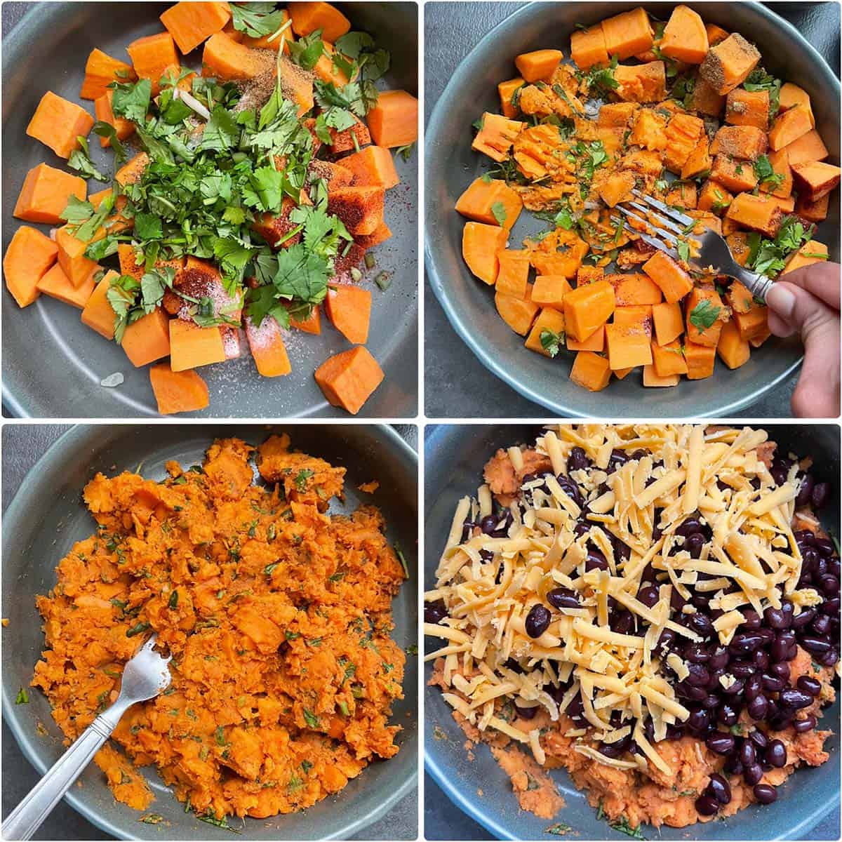 Adding all ingredients for stuffing into a bowl