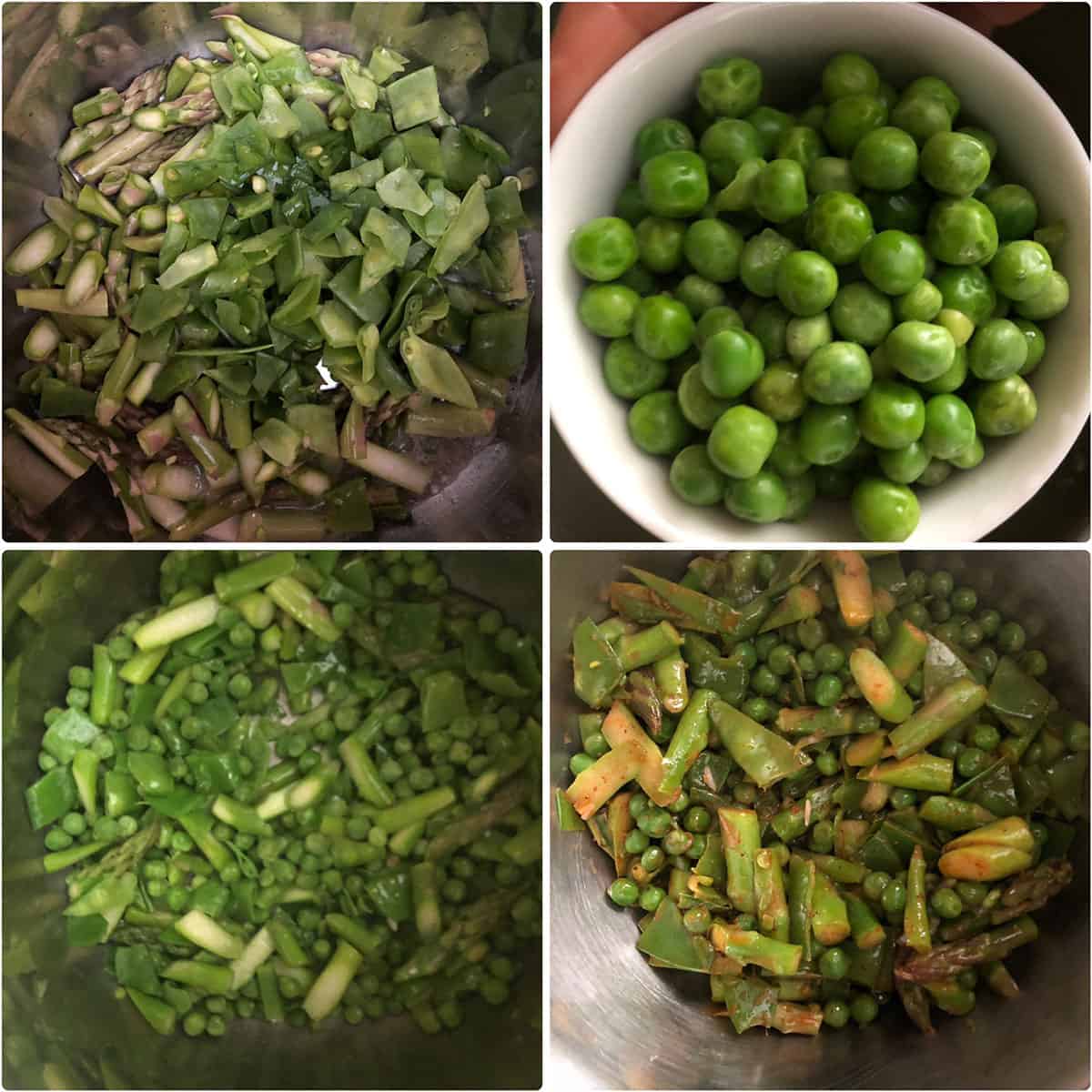 Step by step photos showing the sautéing of asparagus, snow peas and green peas until crisp tender