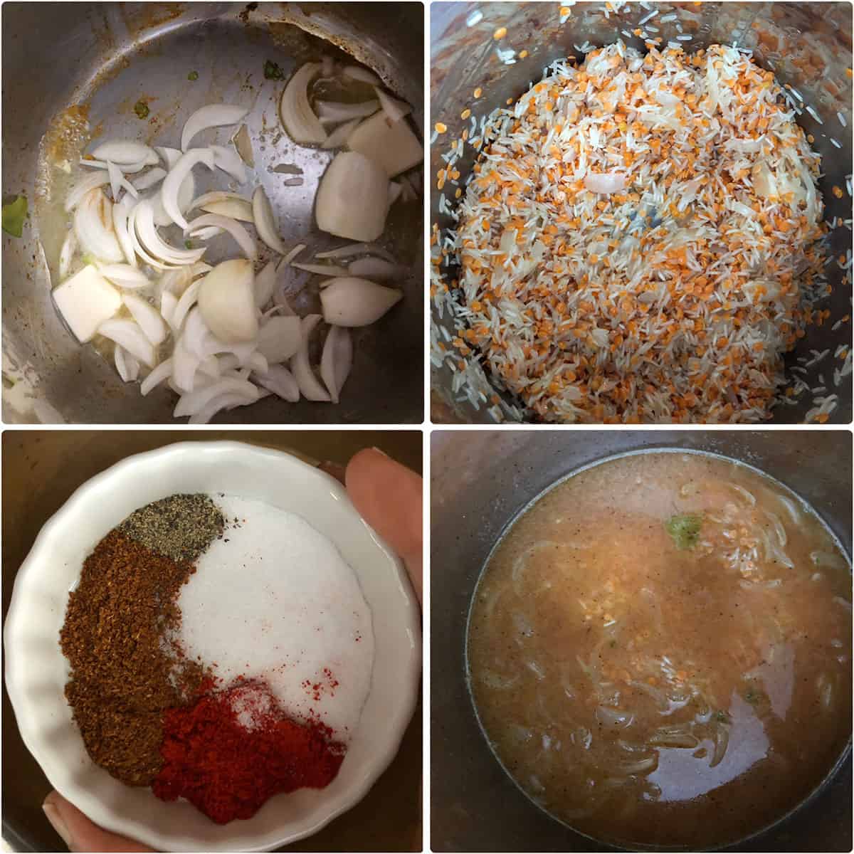 Step by step photos showing sautéing of onions, adding lentils, rice, spices 