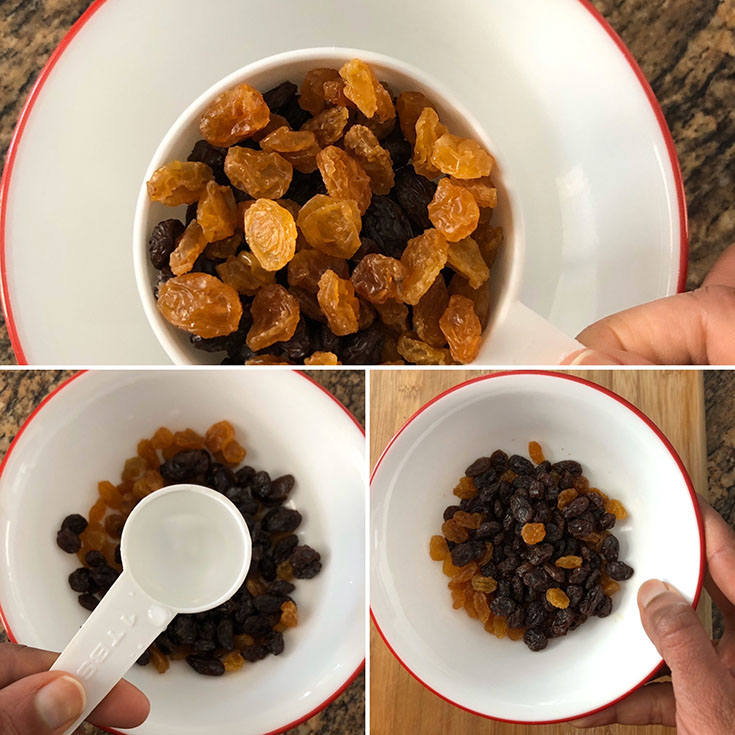 Photos showing soaking raisins with water