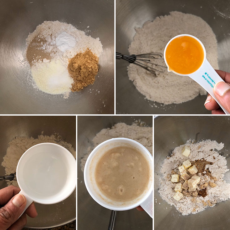 Step by step photos showing adding wet ingredients to flour, yeast and spices