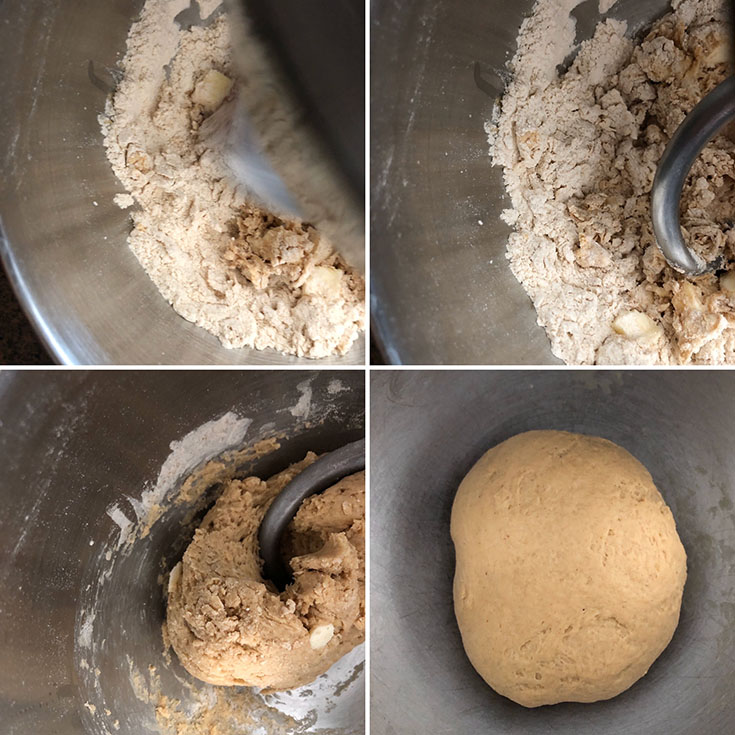 Step by step photos showing knead of dough 