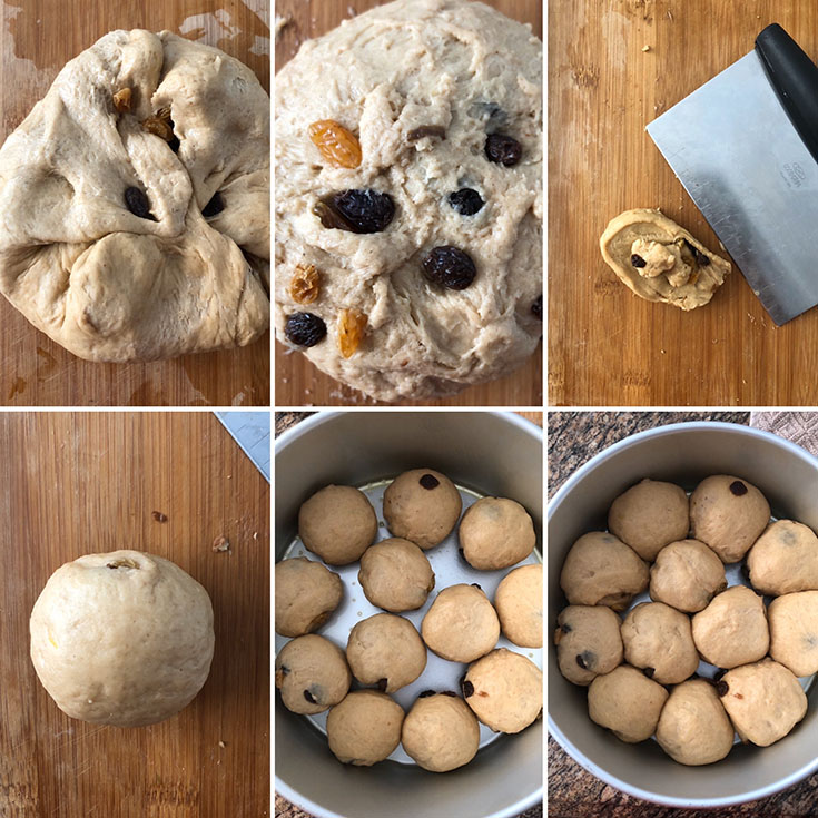 Step by step photos showing the kneading of raisins into the dough and making individual buns
