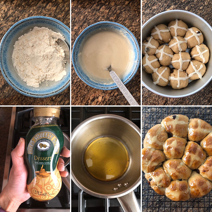 Step by step photos showing the making of whole wheat hot cross buns