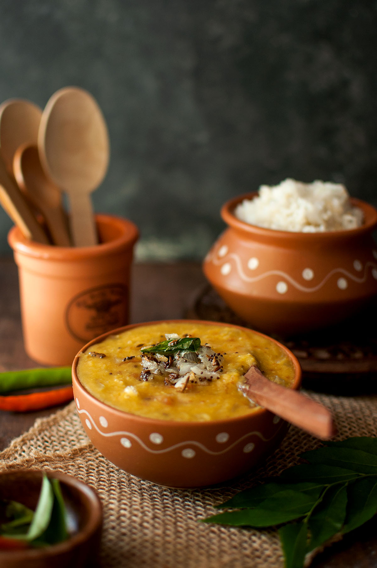 Terracotta bowl with Kerala Parippu curry.