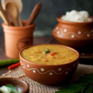 Terracotta bowl with Kerala Parippu curry.