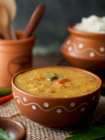 Terracotta bowl with Kerala Parippu curry.