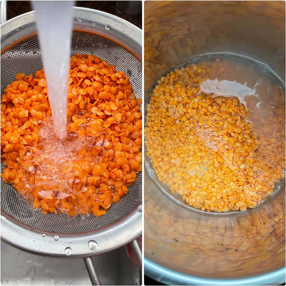 2 panel photo showing the rinsing of lentils and adding to pot with water.