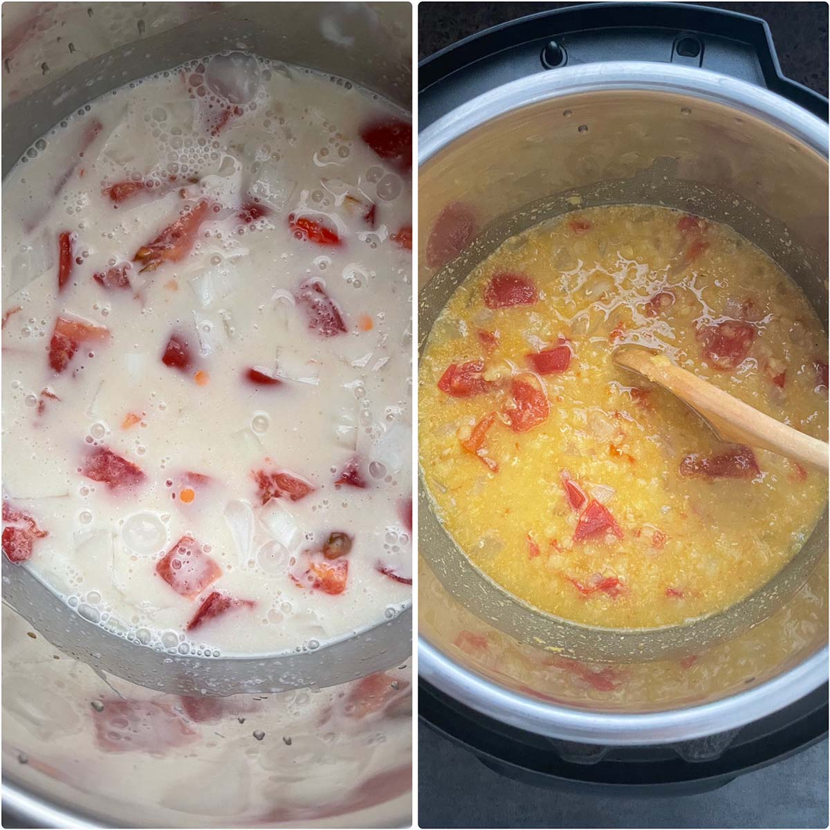 2 panel photo using dal before and after cooked.