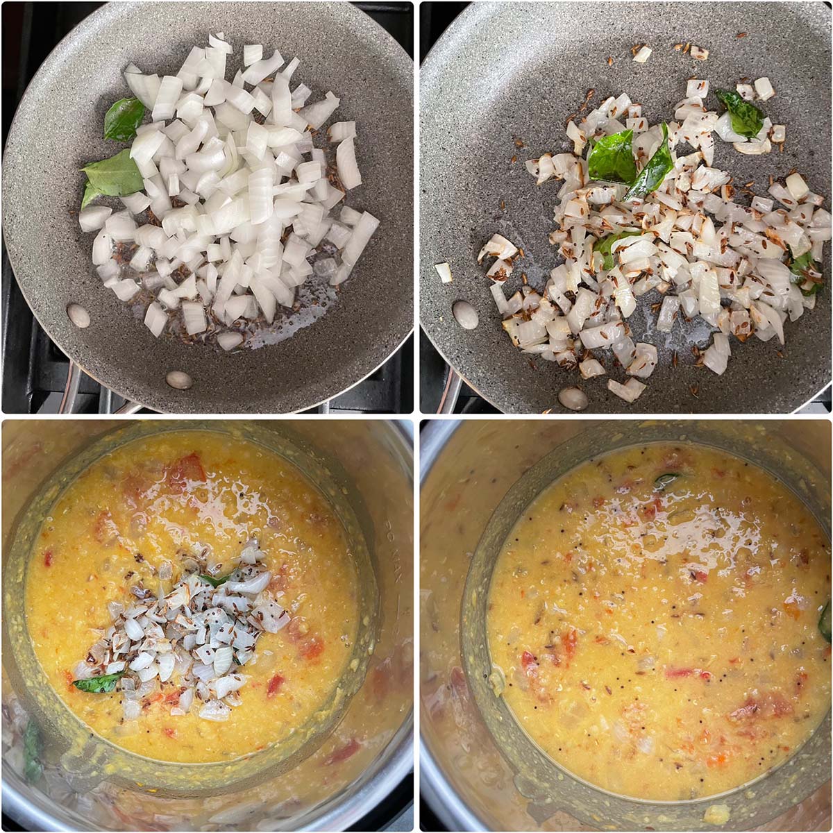 4 panel photo showing the sautéing of onions and adding to dal.