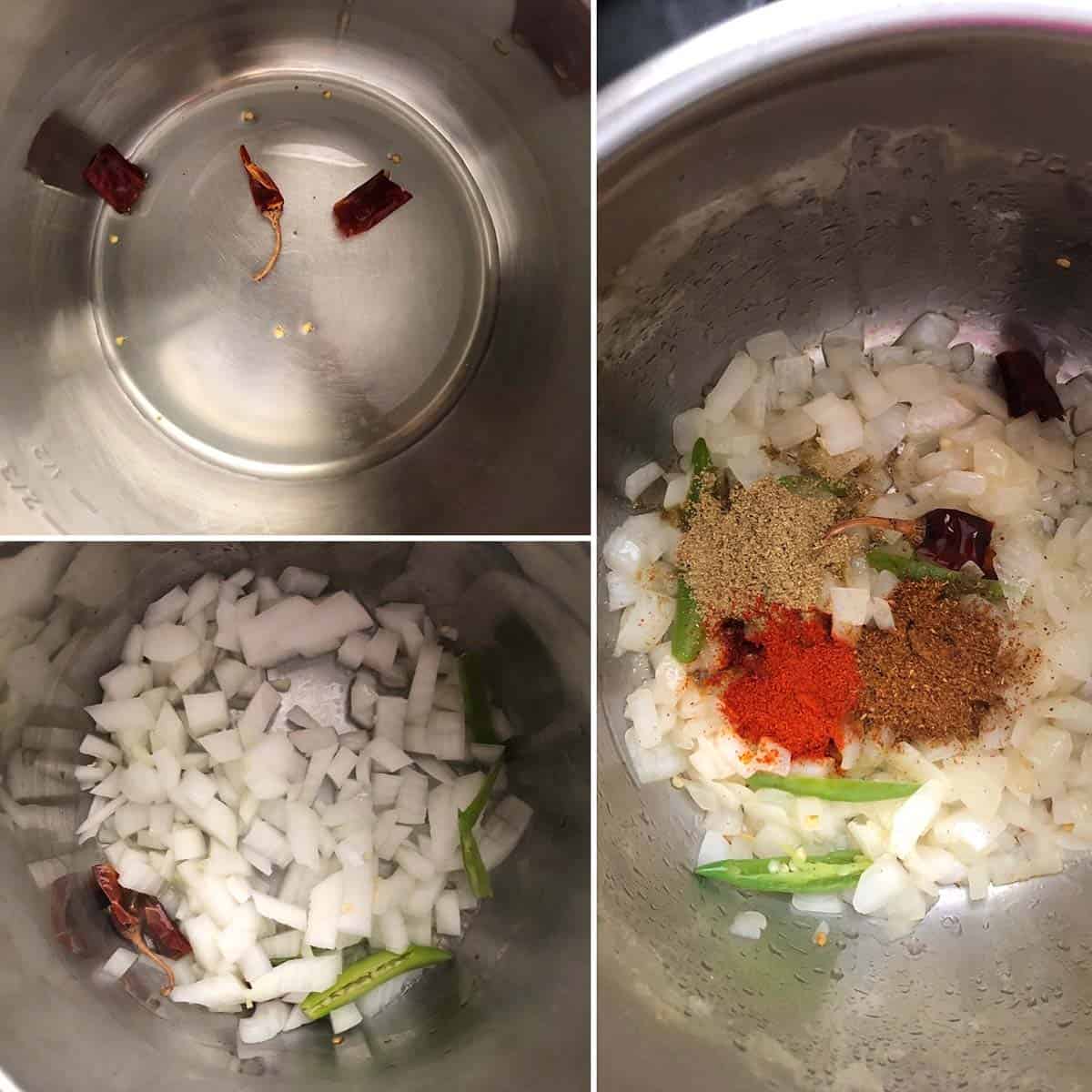 3 panel photo showing the sautéing of spices and onions in Instant pot.