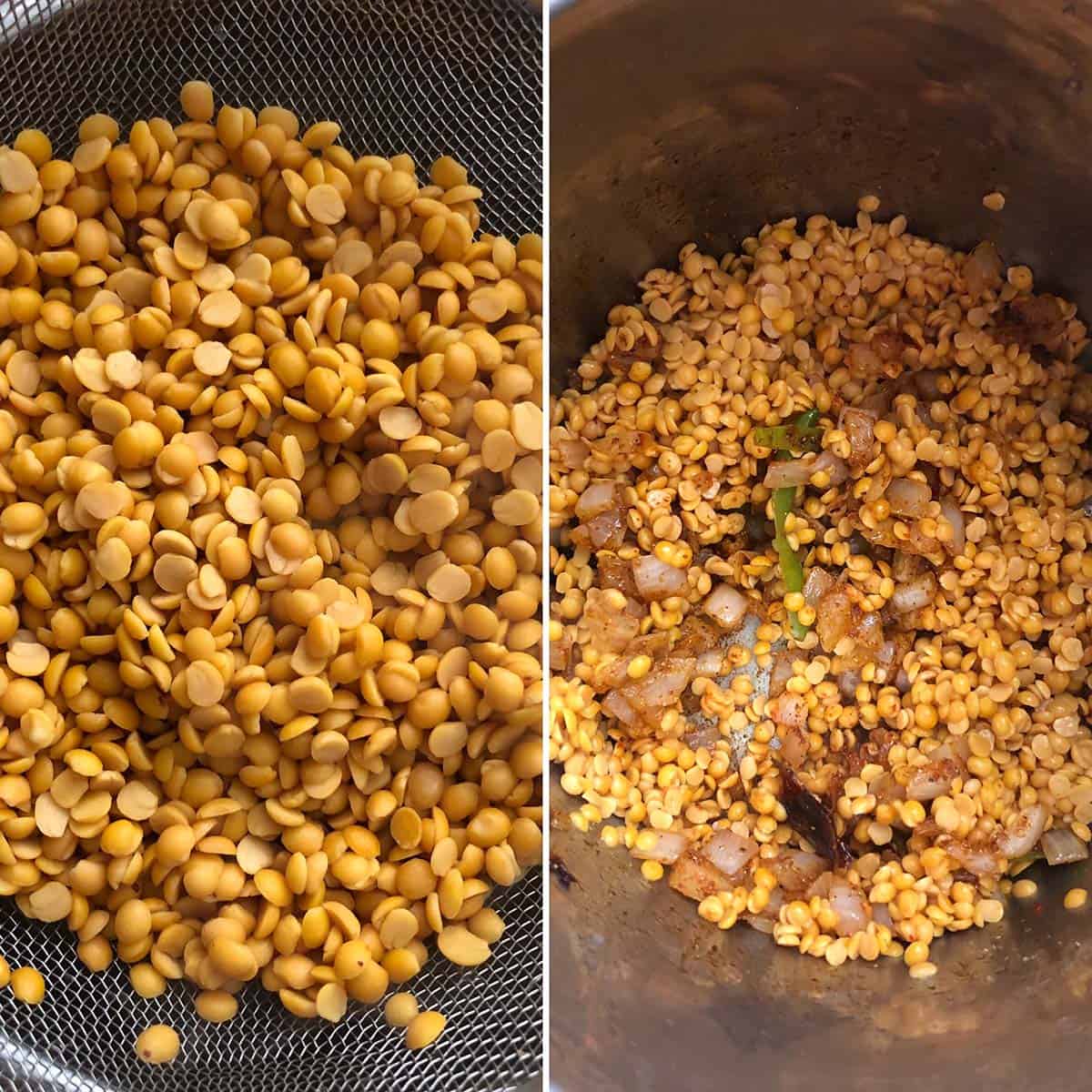 2 panel photo showing the addition of lentils to instant pot.