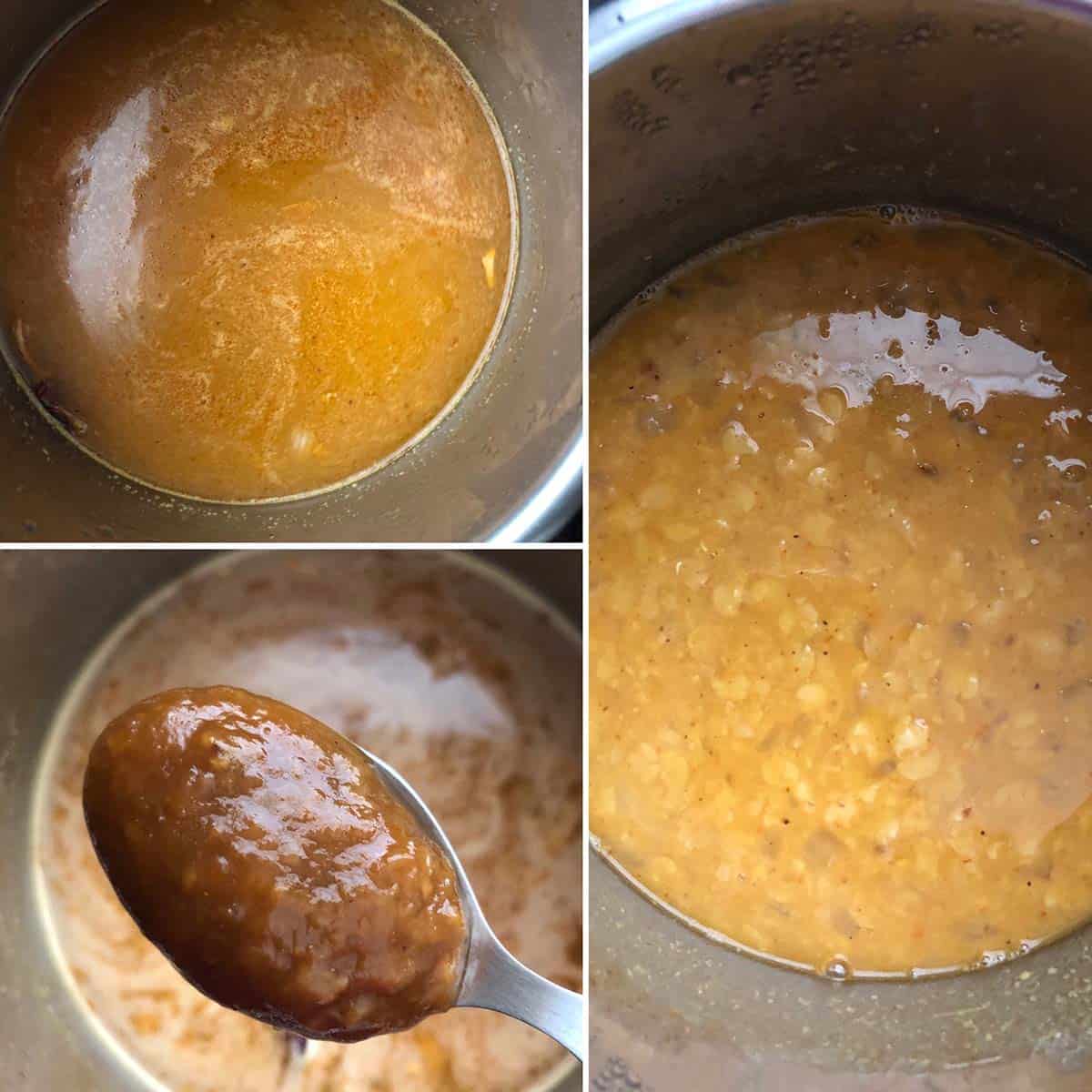 3 panel photo showing the cooking of lentils.