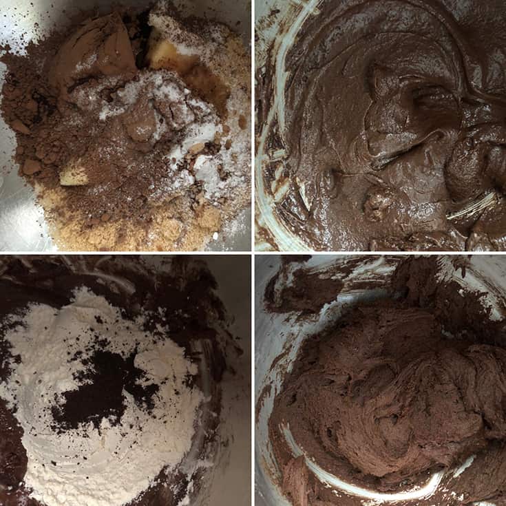 Step by step photos showing the making of dough - softened butter mixed with sugar, cocoa, flour, leaveners until smooth mixture forms