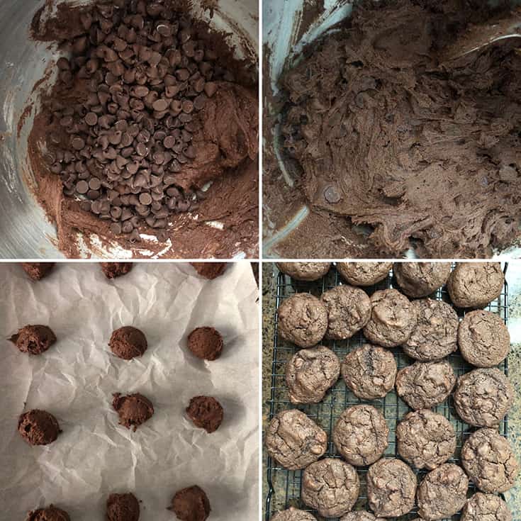 Step by step photos showing the addition of chocolate chips to the dough, dropped onto parchment lined baking sheet and baked cookies on wire rack