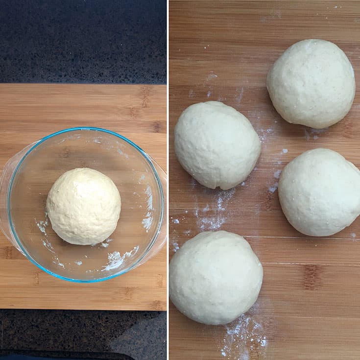 Side by side photos showing dough before first rise and after first rise and divided into equal size rolls