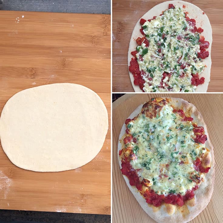 Side by side photos showing rolled out pizza topped with toppings and baked until done