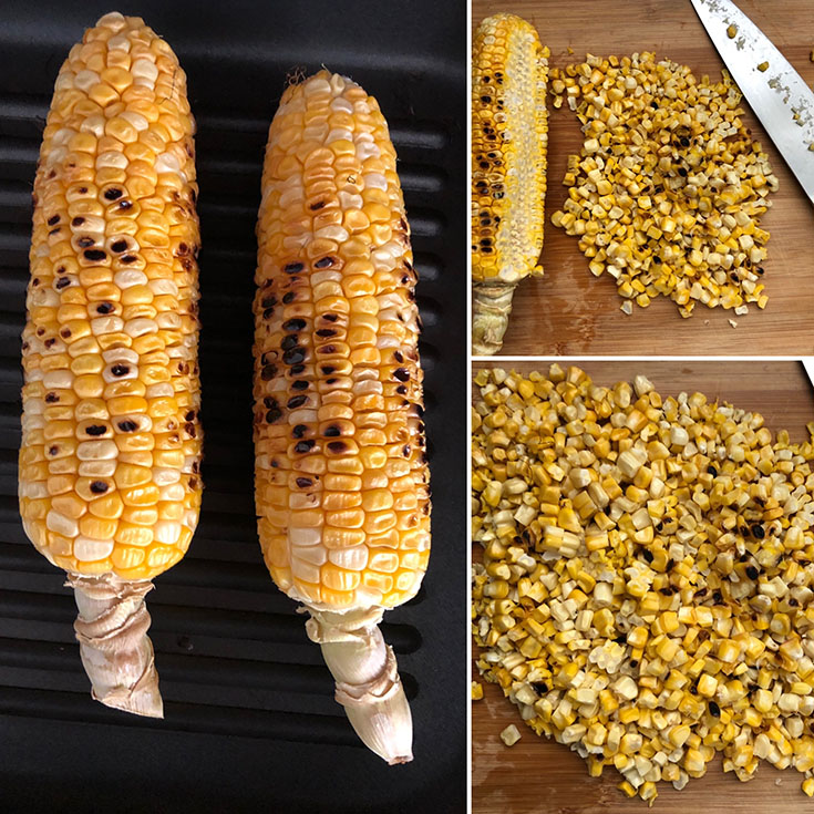 Two grilled corn and the kernels cut from the cob